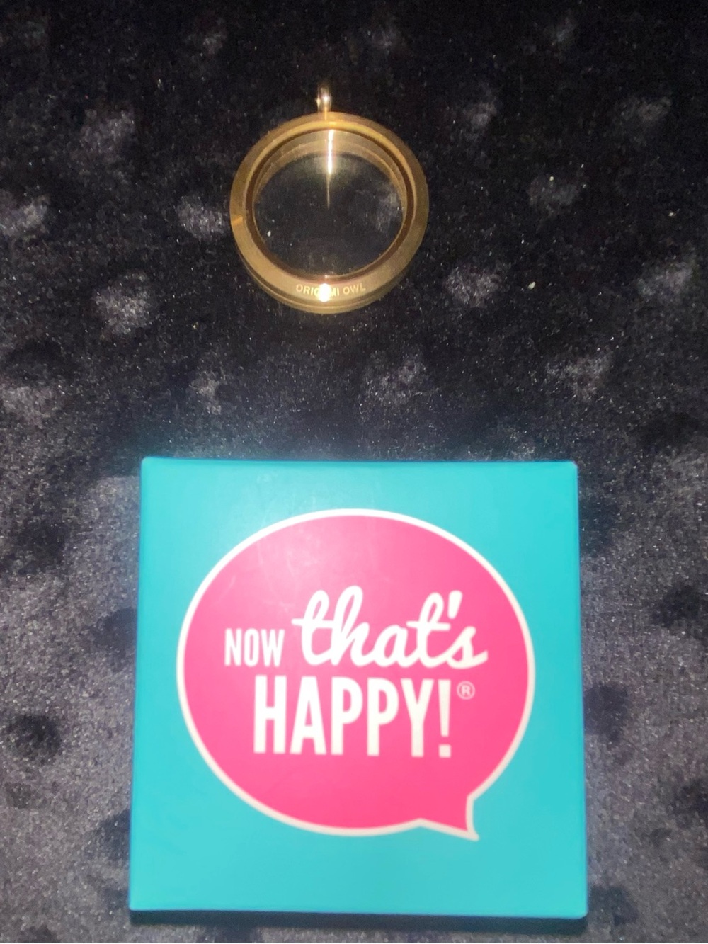 Origami Owl Teal Box with Pink 'Now That's Happy' Logo and Gold Charm